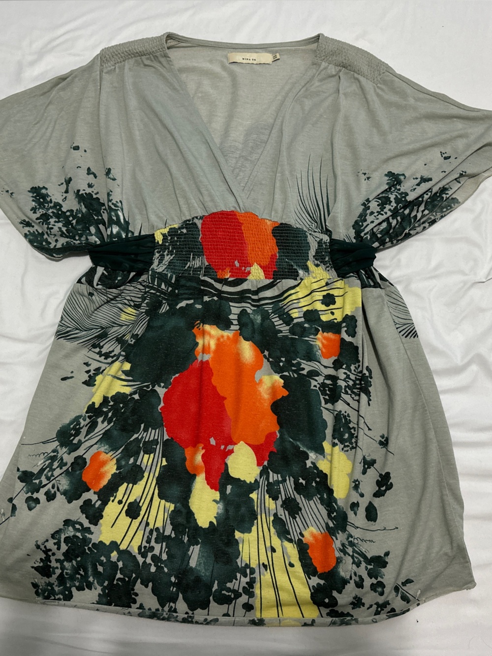 Mina UK One Size Floral Print Tunic Dress Tie Waist Green Orange